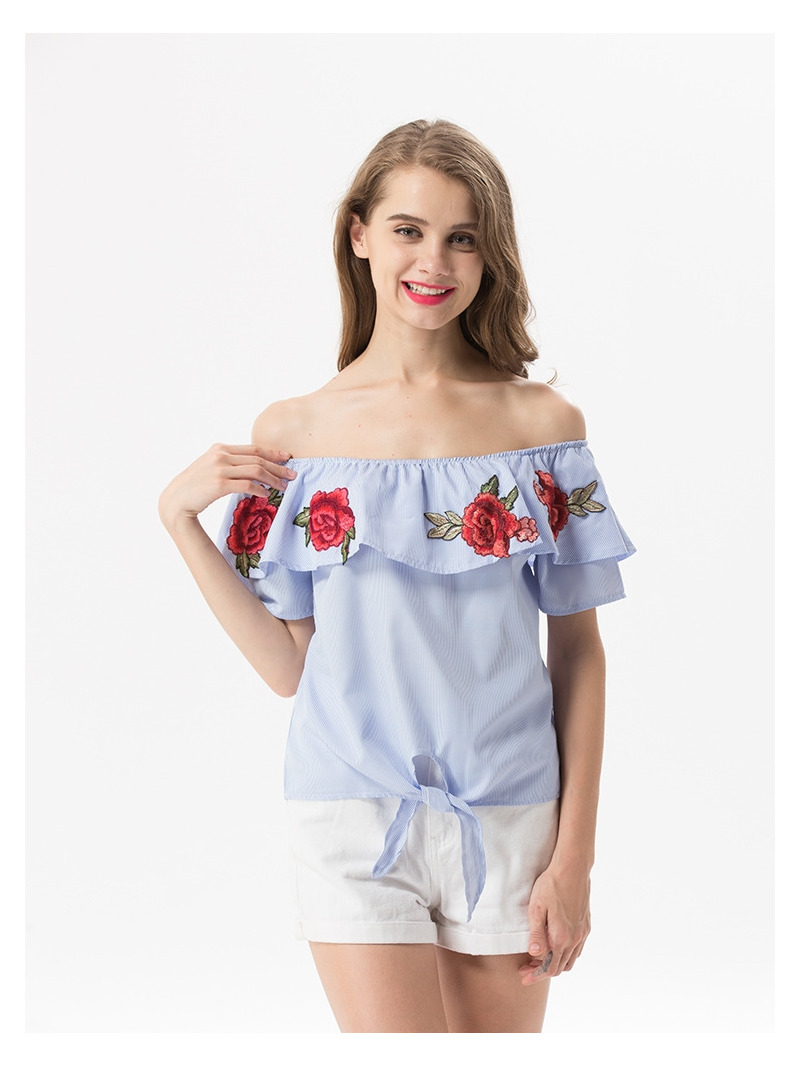 Süße Und Frische Blumen Bestickt Lotus-Blatt-Off-Schulter Bluse |