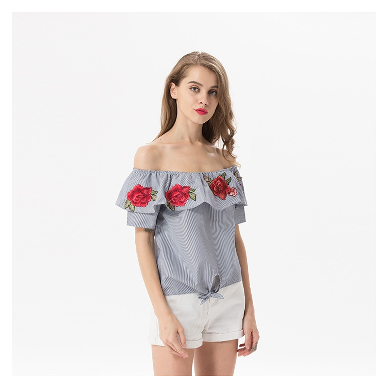 Süße Und Frische Blumen Bestickt Lotus-Blatt-Off-Schulter Bluse |