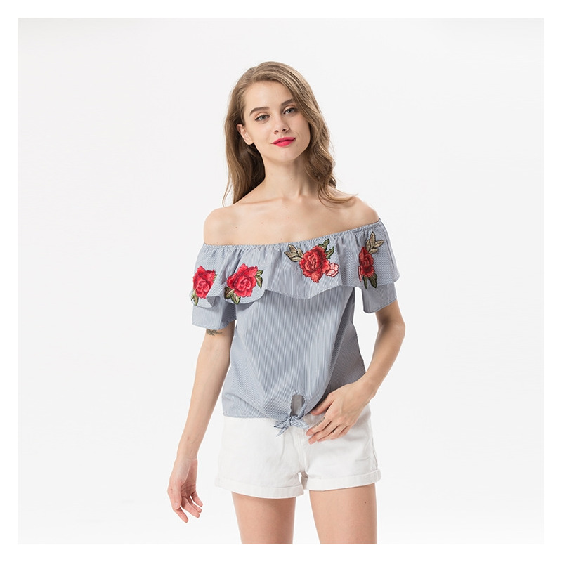 Süße Und Frische Blumen Bestickt Lotus-Blatt-Off-Schulter Bluse |