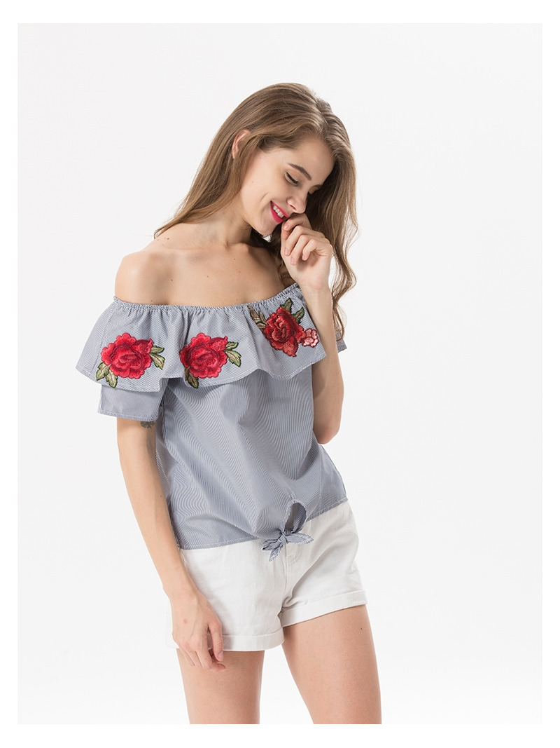 Süße Und Frische Blumen Bestickt Lotus-Blatt-Off-Schulter Bluse |