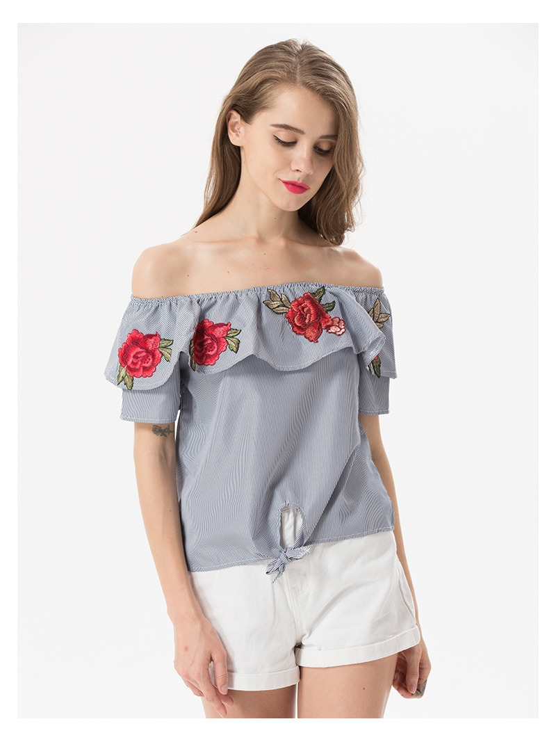 Süße Und Frische Blumen Bestickt Lotus-Blatt-Off-Schulter Bluse |