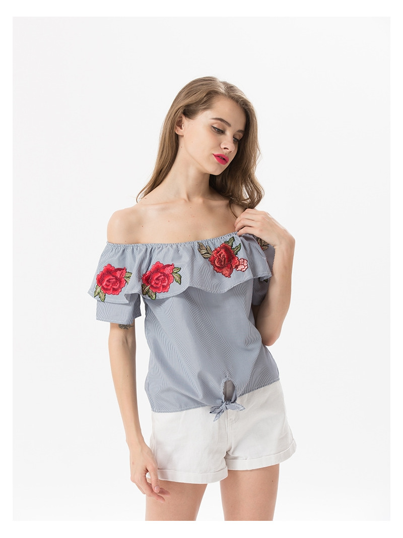 Süße Und Frische Blumen Bestickt Lotus-Blatt-Off-Schulter Bluse |