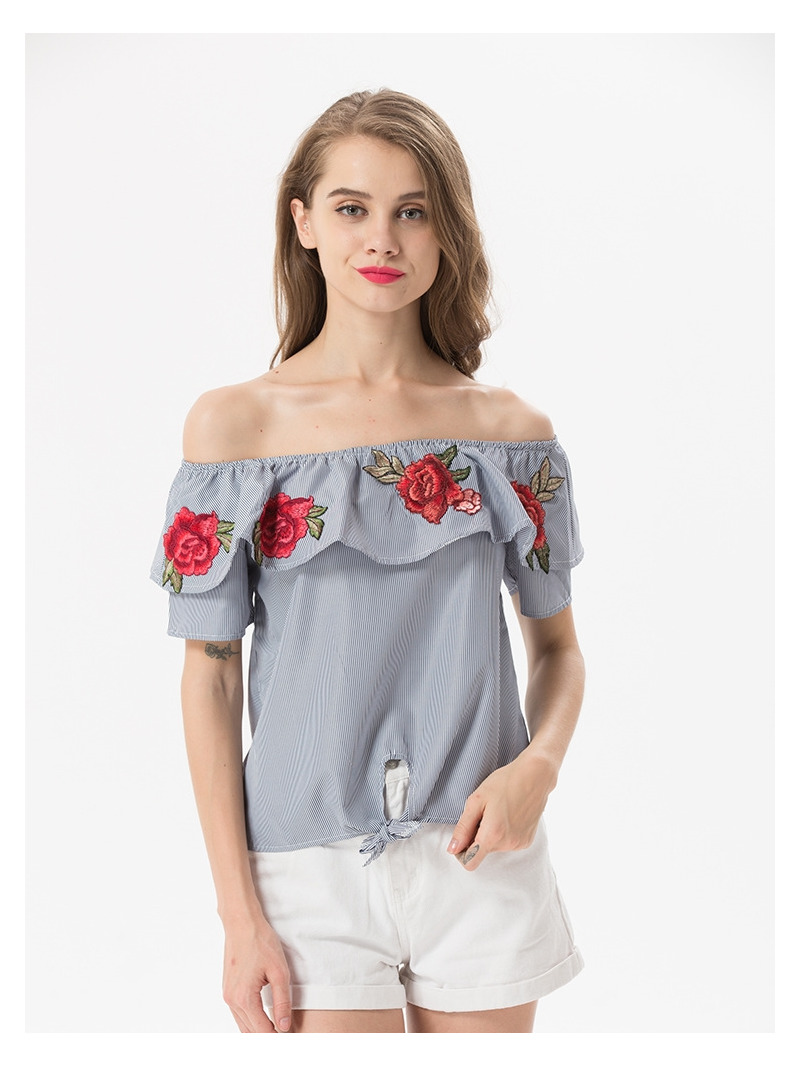 Süße Und Frische Blumen Bestickt Lotus-Blatt-Off-Schulter Bluse |