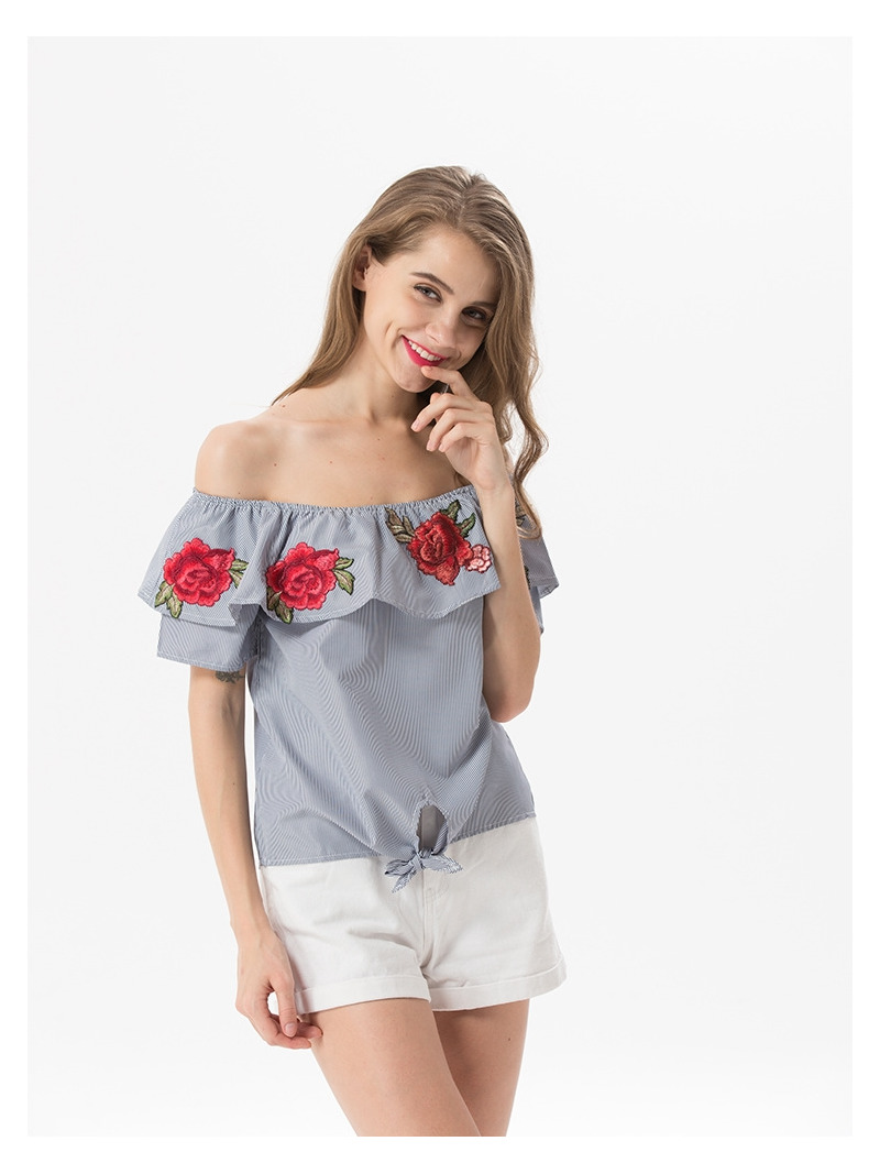 Süße Und Frische Blumen Bestickt Lotus-Blatt-Off-Schulter Bluse |
