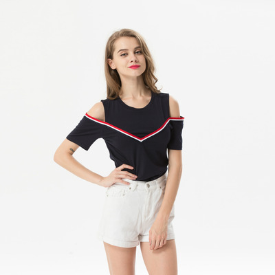 La Moda De Estilo Colegio De Contraste De Rayas De Los Hombros Fuera