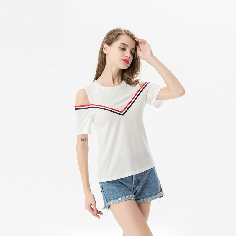 Mode-College-Style-Kontrast-Streifen-Off Shoulder Bluse Top | VoguesUs