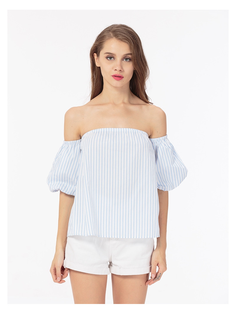 Sweet Lady Fresh Bubble Sleeves With Stripe Off Shoulder Blouse |