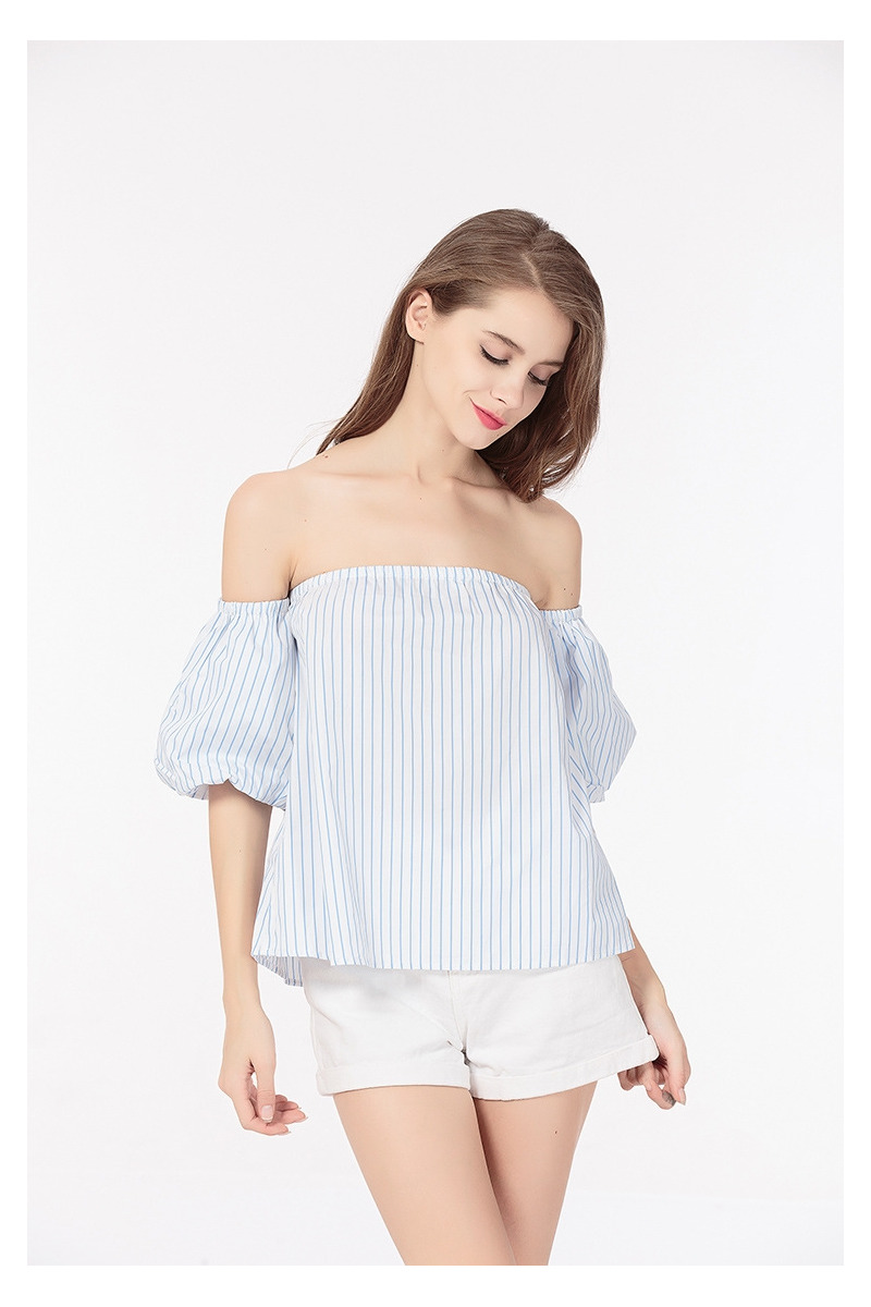 Sweet Lady Fresh Bubble Sleeves With Stripe Off Shoulder Blouse |