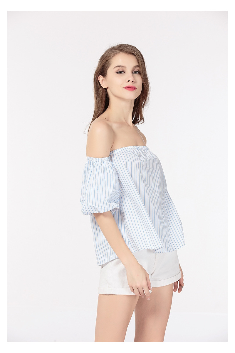Sweet Lady Fresh Bubble Sleeves With Stripe Off Shoulder Blouse |