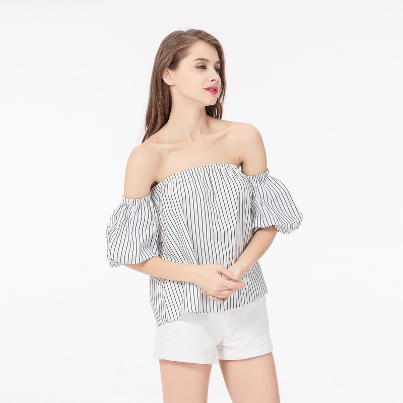 Sweet Lady Fresh Bubble Sleeves With Stripe Off Shoulder Blouse |