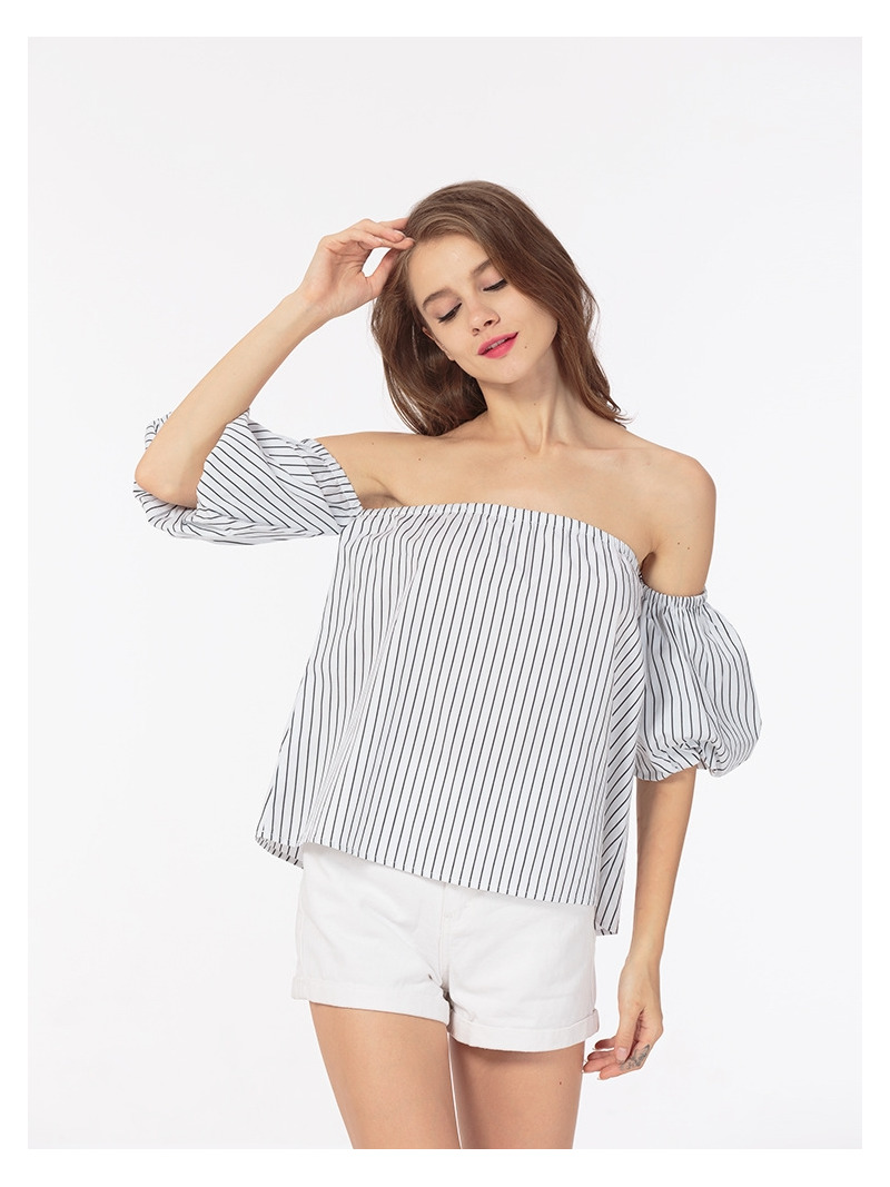 Sweet Lady Fresh Bubble Sleeves With Stripe Off Shoulder Blouse |