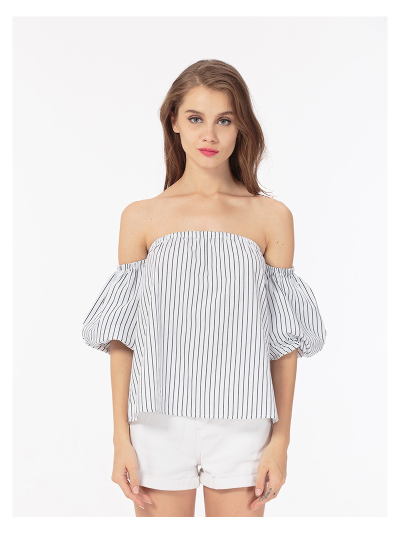 Sweet Lady Fresh Bubble Sleeves With Stripe Off Shoulder Blouse |