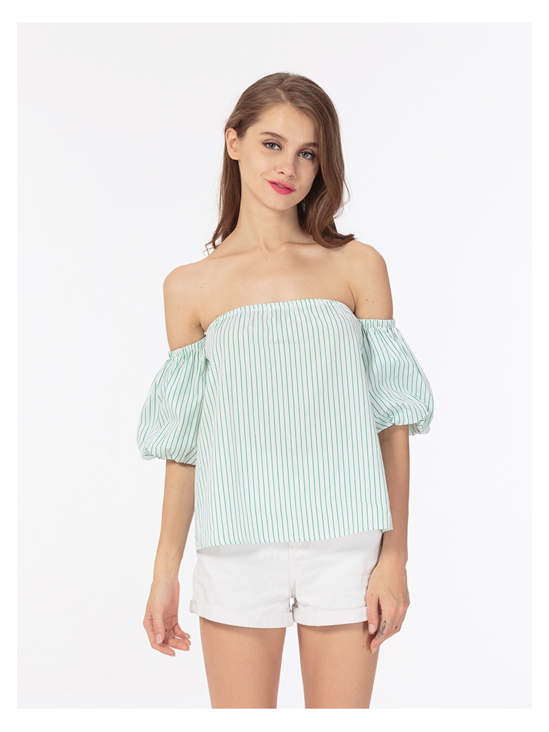 Sweet Lady Fresh Bubble Sleeves With Stripe Off Shoulder Blouse |