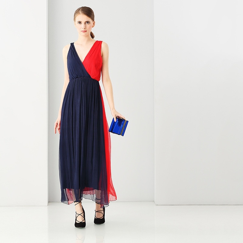 Moda Sexy Escote En V Profundo Contraste De Color De Vestido Maxi