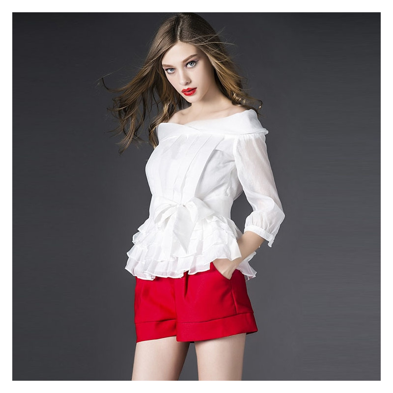 Stylish Off Shoulder Shirring Shirt With Contrast Color Shorts Suit |