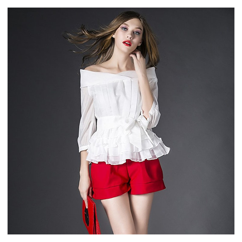 Stylish Off Shoulder Shirring Shirt With Contrast Color Shorts Suit |