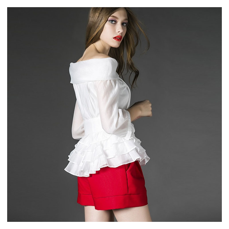 Stylish Off Shoulder Shirring Shirt With Contrast Color Shorts Suit |