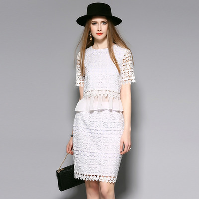 Fashion Lace Short Sleeve Shirt With Midi Lace Skirts | VoguesUs