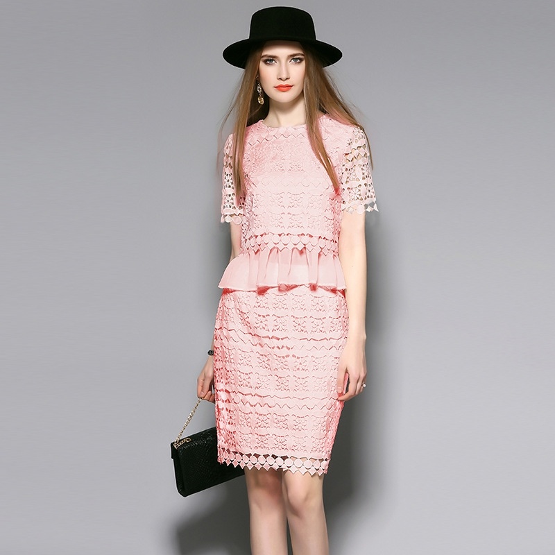 Fashion Lace Kurzarm-Shirt Mit Midi-Röcke Spitze | VoguesUs