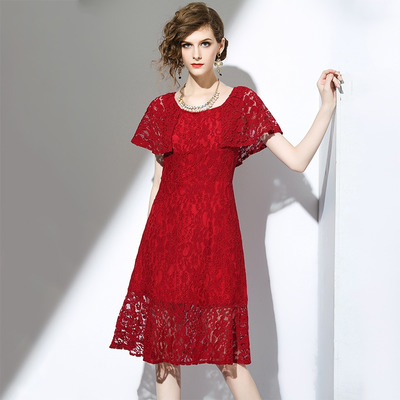 Red A Line Round Neck Short Sleeve Lace Dress | VoguesUs