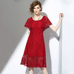 Red A Line Round Neck Short Sleeve Lace Dress