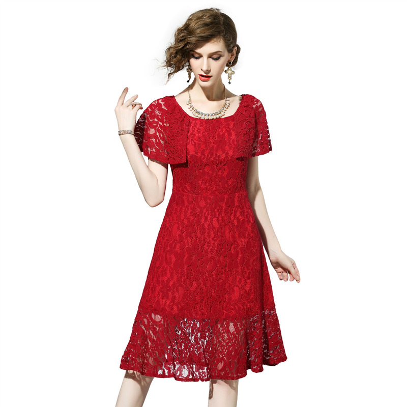 Red A Line Round Neck Short Sleeve Lace Dress | VoguesUs