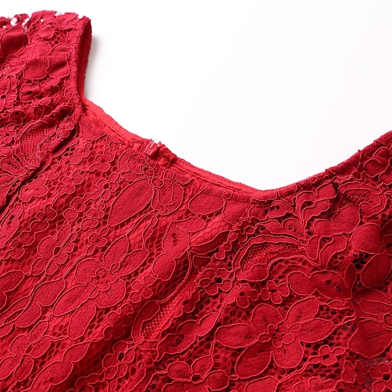 Red A Line Round Neck Short Sleeve Lace Dress | VoguesUs