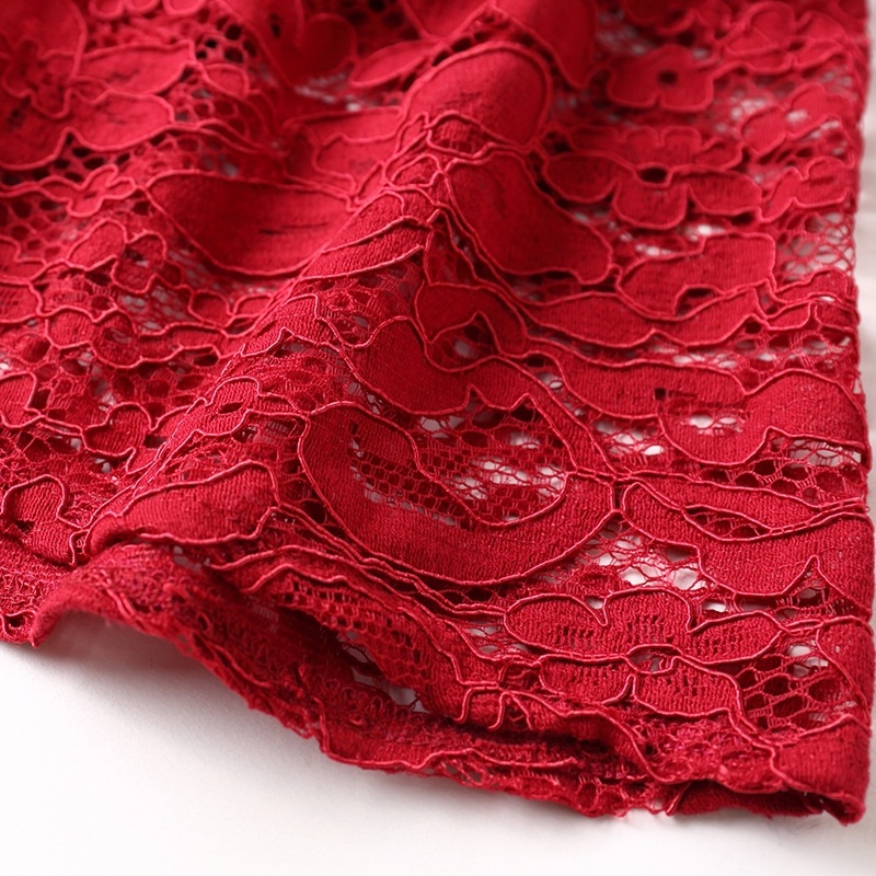Red A Line Round Neck Short Sleeve Lace Dress | VoguesUs