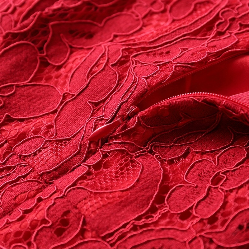 Red A Line Round Neck Short Sleeve Lace Dress | VoguesUs