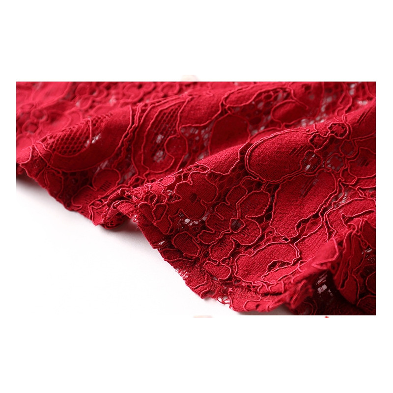 Red A Line Round Neck Short Sleeve Lace Dress | VoguesUs