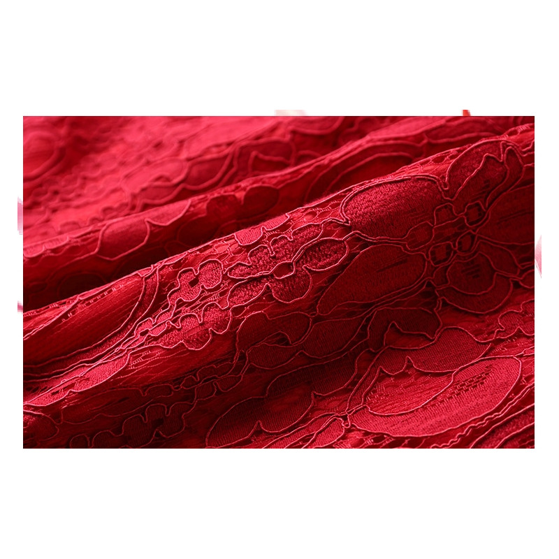 Red A Line Round Neck Short Sleeve Lace Dress | VoguesUs