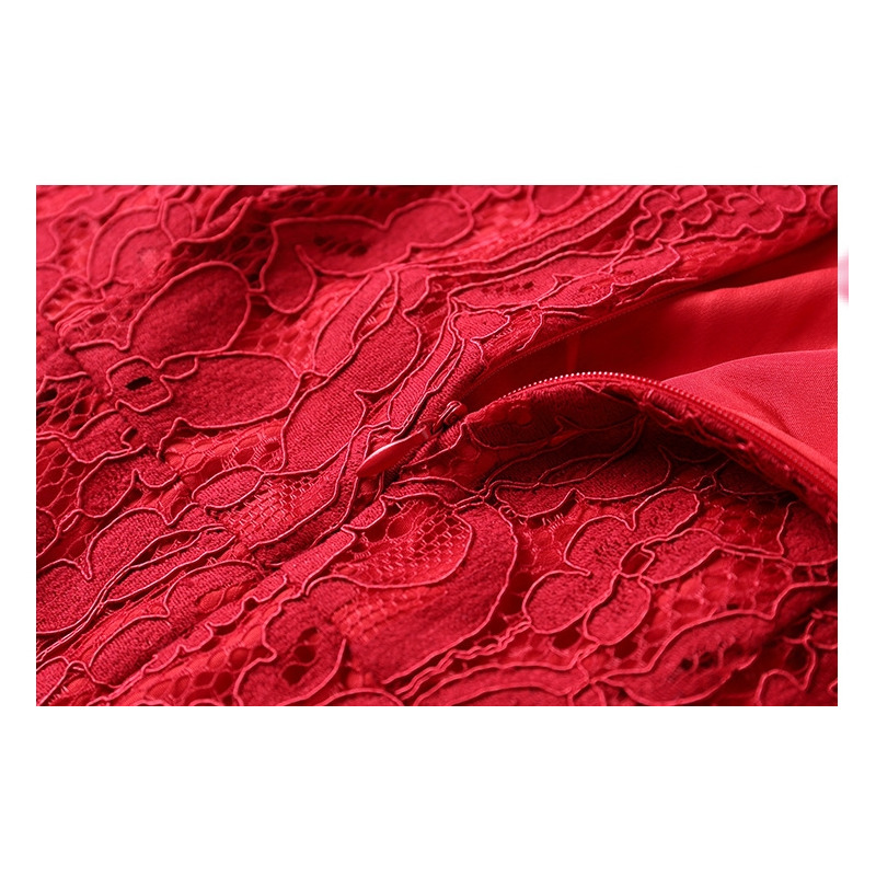 Red A Line Round Neck Short Sleeve Lace Dress | VoguesUs