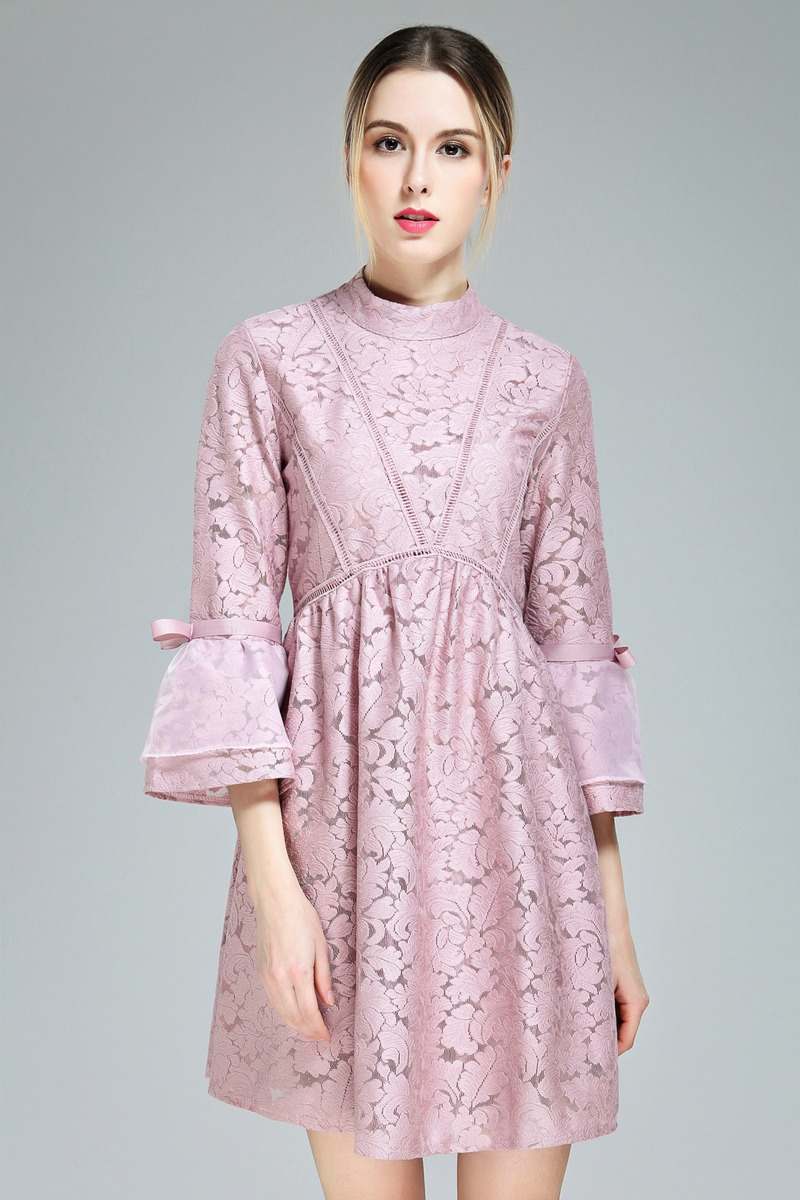 Sweet High Neck Trumpet Sleeves Lace Midi Dress | VoguesUs