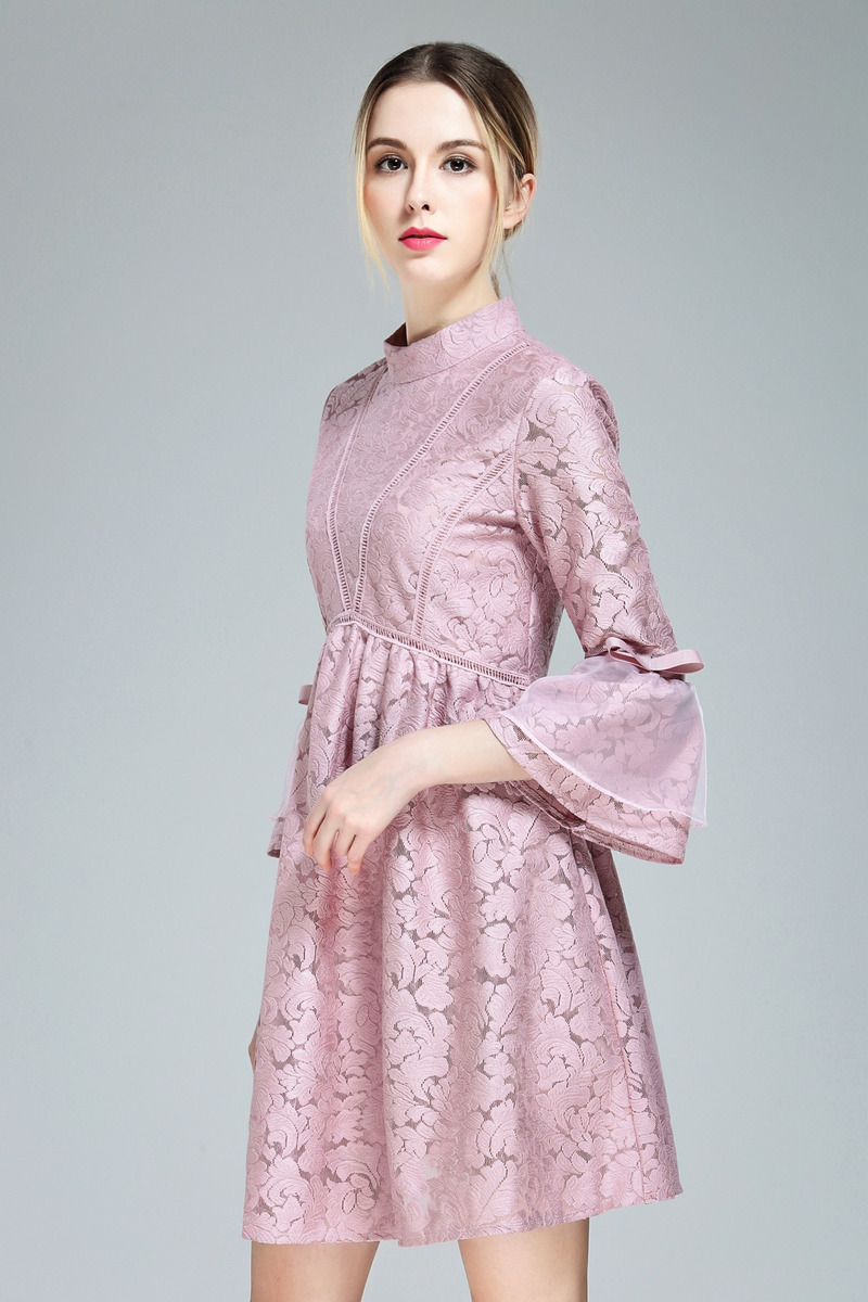 Sweet High Neck Trumpet Sleeves Lace Midi Dress | VoguesUs