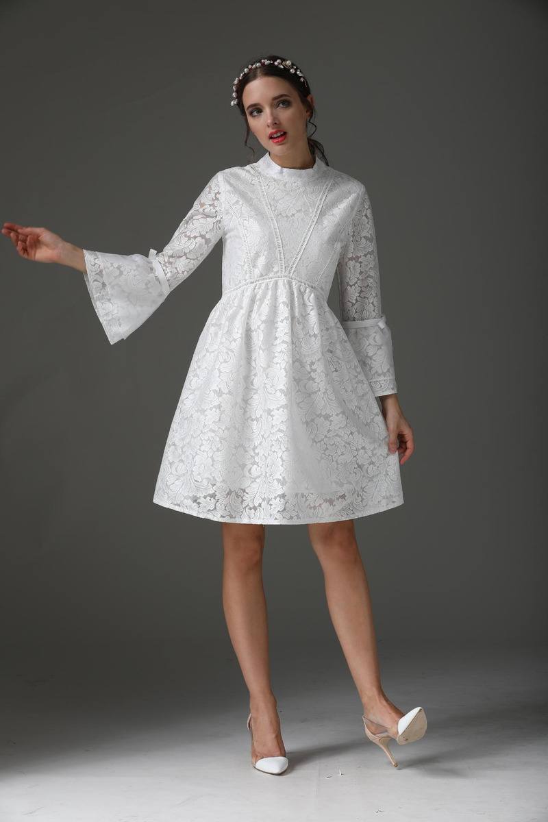 Sweet High Neck Trumpet Sleeves Lace Midi Dress | VoguesUs