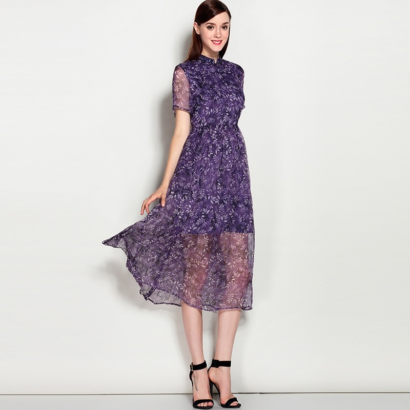 Cuello Alto Silm Floral Cutwork Vestido Midi
