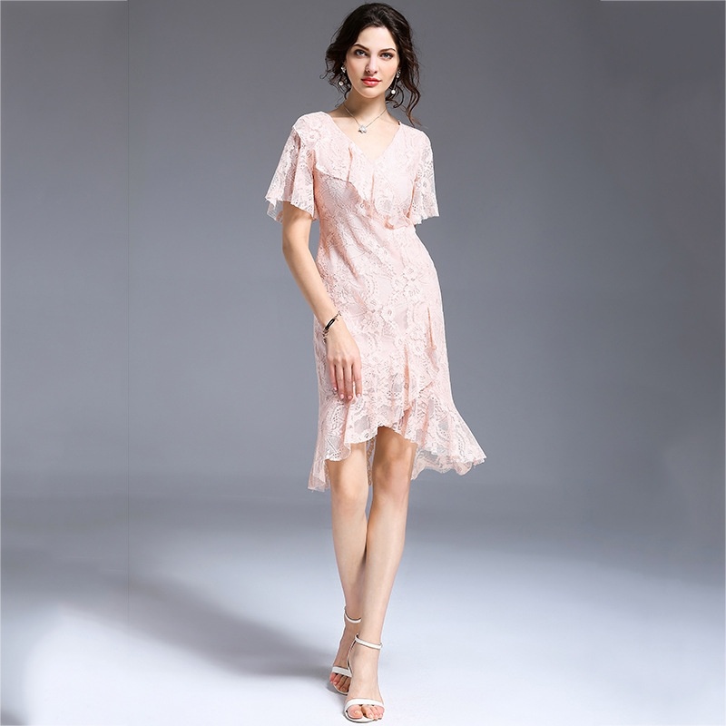 Damen-Elegante Mode-Lotus-Blatt V Neck Lace Bodycon Midi-Kleid |