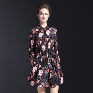Mesdames Imprimé Floral Col Haut Midi Robe En 100% Soie | VoguesUs