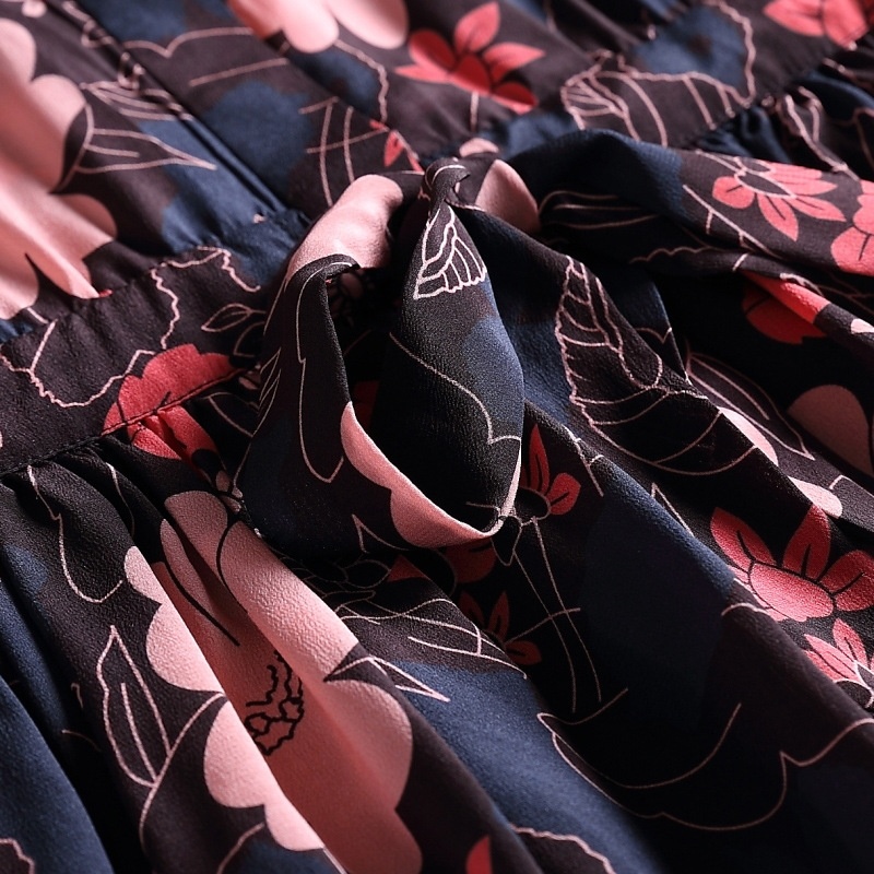 Mesdames Imprimé Floral Col Haut Midi Robe En 100% Soie | VoguesUs