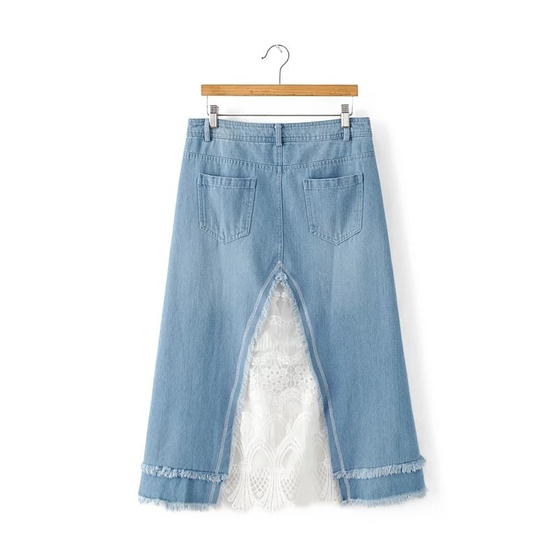 Fashion Lace Stitching Two Tone Layer Blue Jeans Midi Skirt | VoguesUs