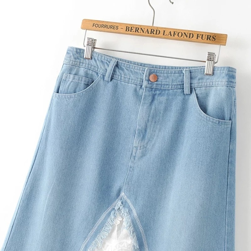 La Mode De La Dentelle Couture De Deux Tons De La Couche De Blue Jeans, Jupe Mi-Longue | VoguesUs