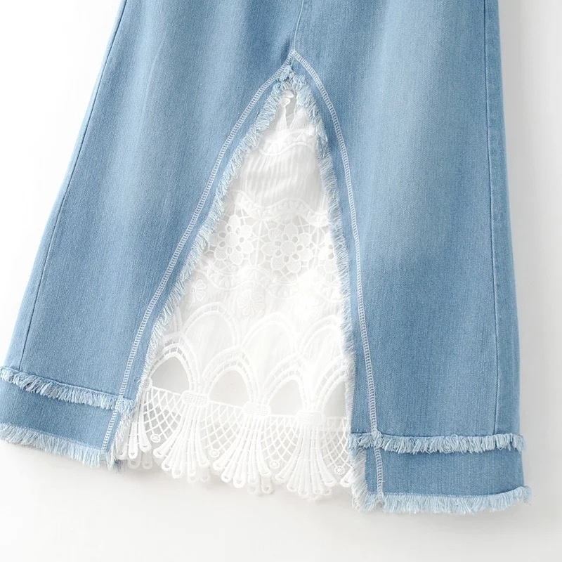 Moda De Encaje De Costura De Dos Tonos De La Capa De Blue Jeans Falda