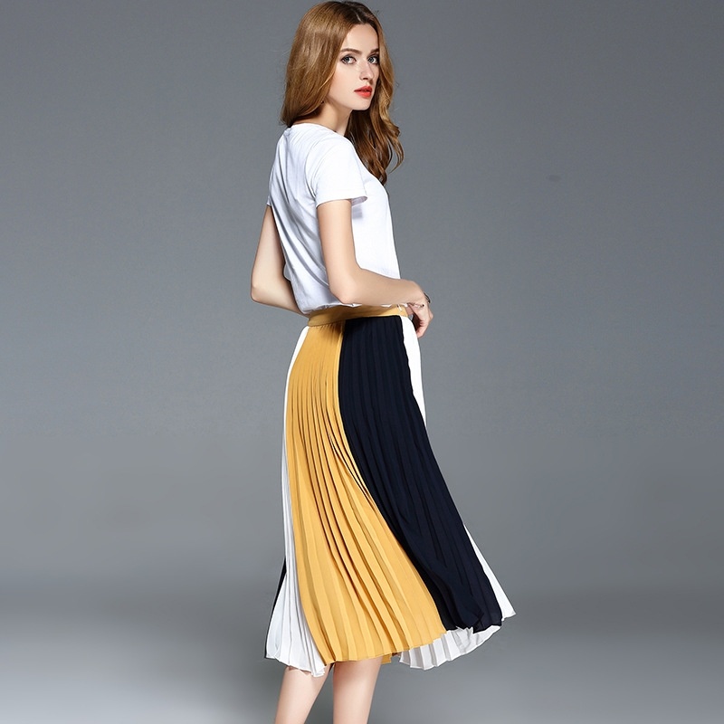Dames Élégantes Plissée Couleur De Contraste Ruffle Jupe Mi-Longue | VoguesUs