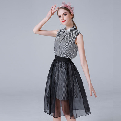 Modische Süße Shirt Striped Mesh-Layer Midi-Kleid Mit Kragen-Detail |