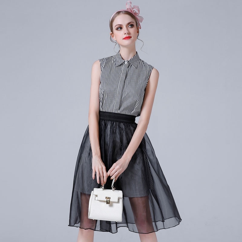 Moda Dulce Camisa De Rayas Capa De Malla Vestido Midi Con Detalle De