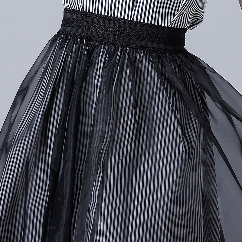 Fashionable Sweet Shirt Striped Mesh Layer Midi Dress With Collar