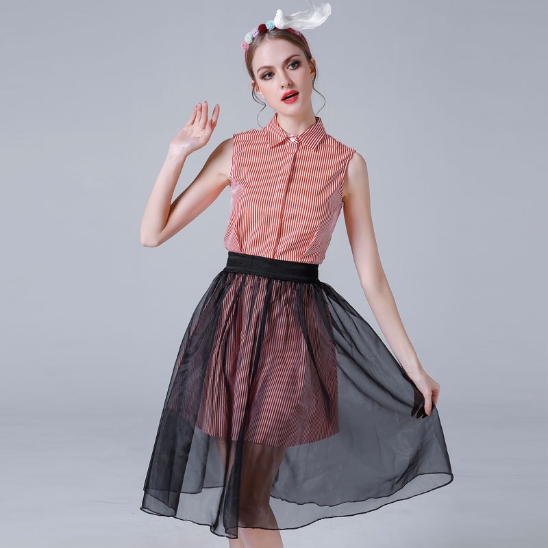 Fashionable Sweet Shirt Striped Mesh Layer Midi Dress With Collar