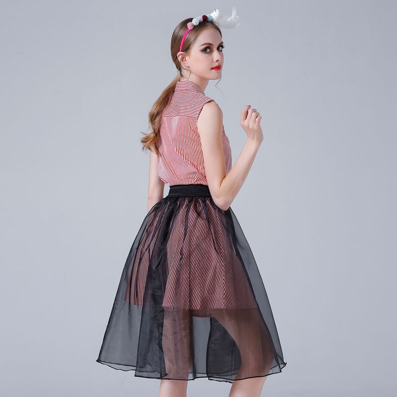 Moda Dulce Camisa De Rayas Capa De Malla Vestido Midi Con Detalle De