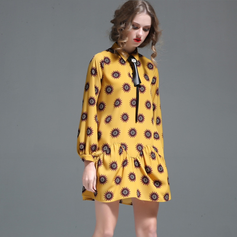 Fashion Oversized Long Sleeve Floral Print Mini Dresses With Polo