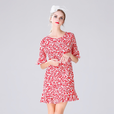 Modische Sweet Lotus Leaf Print Rundhalsausschnitt Midi Kleid |
